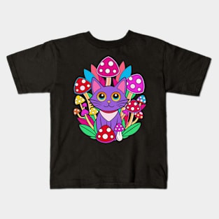 Purple trippy cat and mushrooms Kids T-Shirt